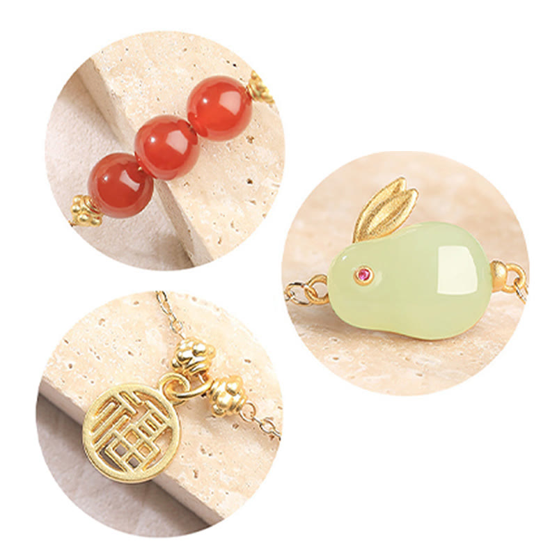 Red Agate Beaded Hetian Jade Rabbit Fu Character Luck Buckle Chain Bracelet