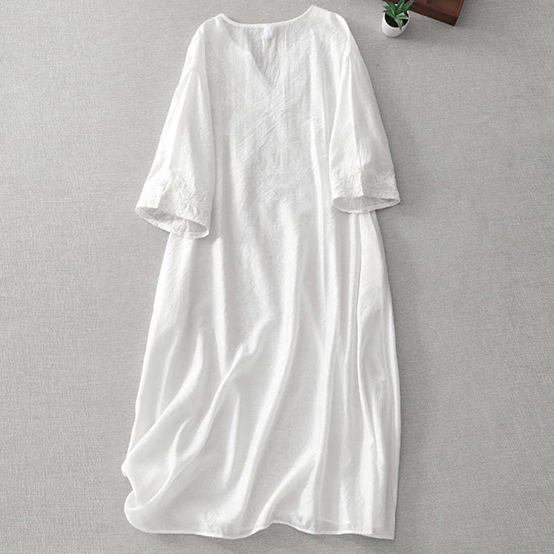 Summer White Pure Color Embroidery Leaf Flower V-Neck Short Sleeve Cotton Linen Midi Dress With Pockets