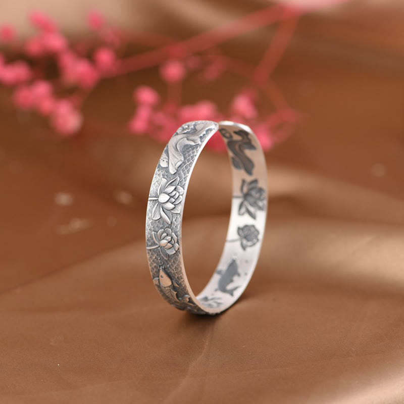999 Sterling Silver Luck Koi Fish Lotus Wealth Bracelet Bangle