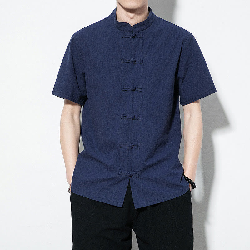 Casual Solid Color Front Frog Buttons Chinese Tang Suit Short Sleeve Linen Men's Shirt