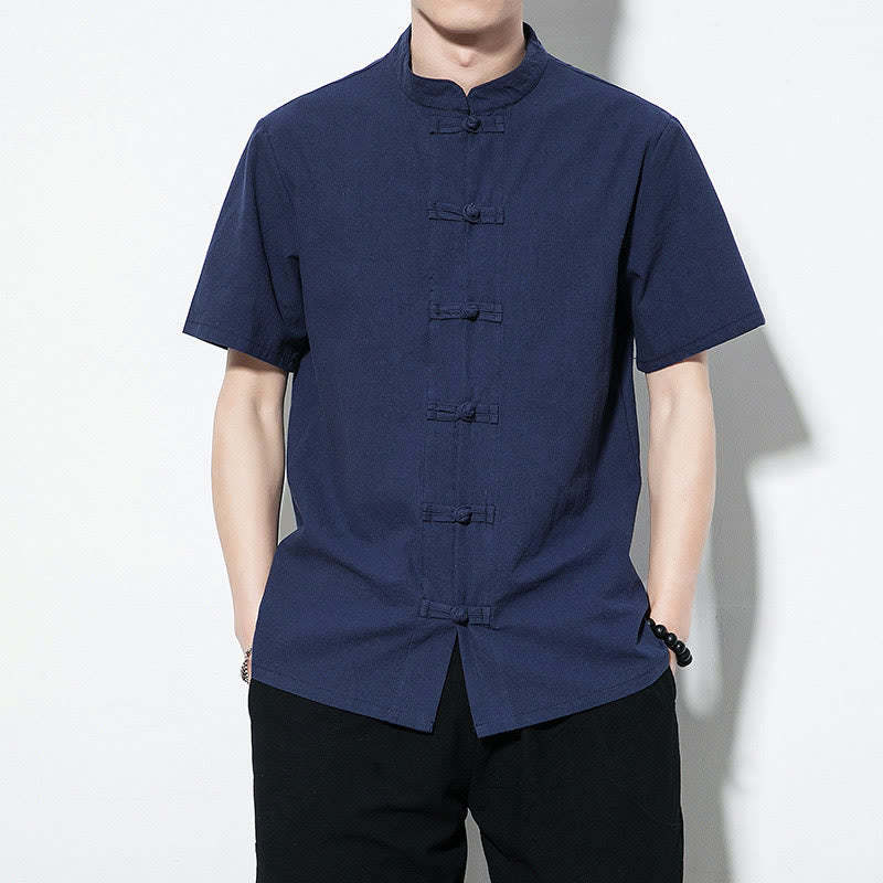 Casual Solid Color Front Frog Buttons Chinese Tang Suit Short Sleeve Linen Men's Shirt