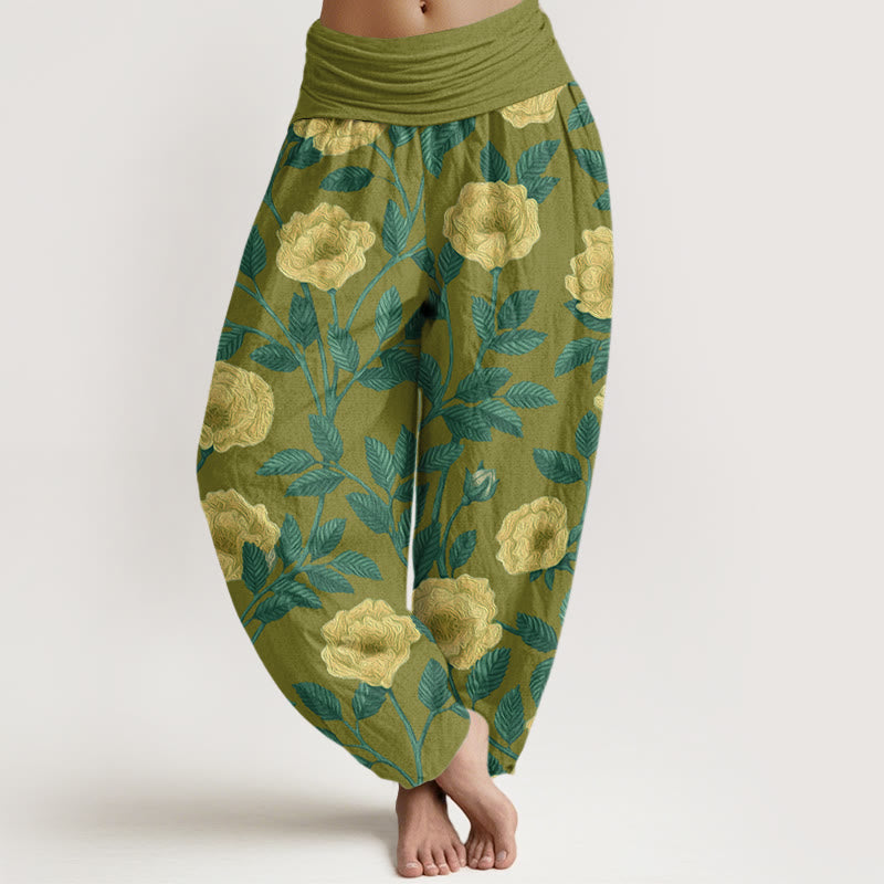 Rose Flowers Totem Pattern Women's Elastic Waist Harem Pants