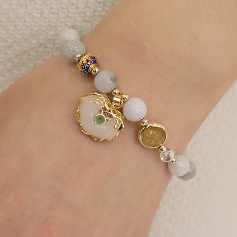 Strawberry Quartz Green Crystal Amethyst Healing Chinese Lock Charm Bracelet