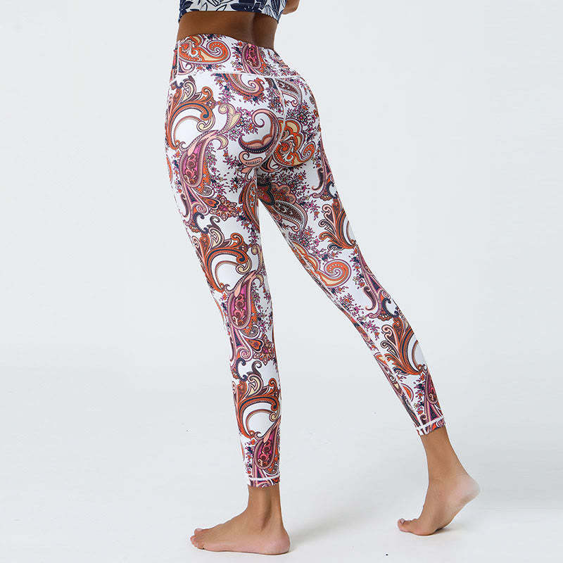 Flowers Feathers Sun Moon Print Sports Fitness Yoga High Waist Leggings Women's Pants