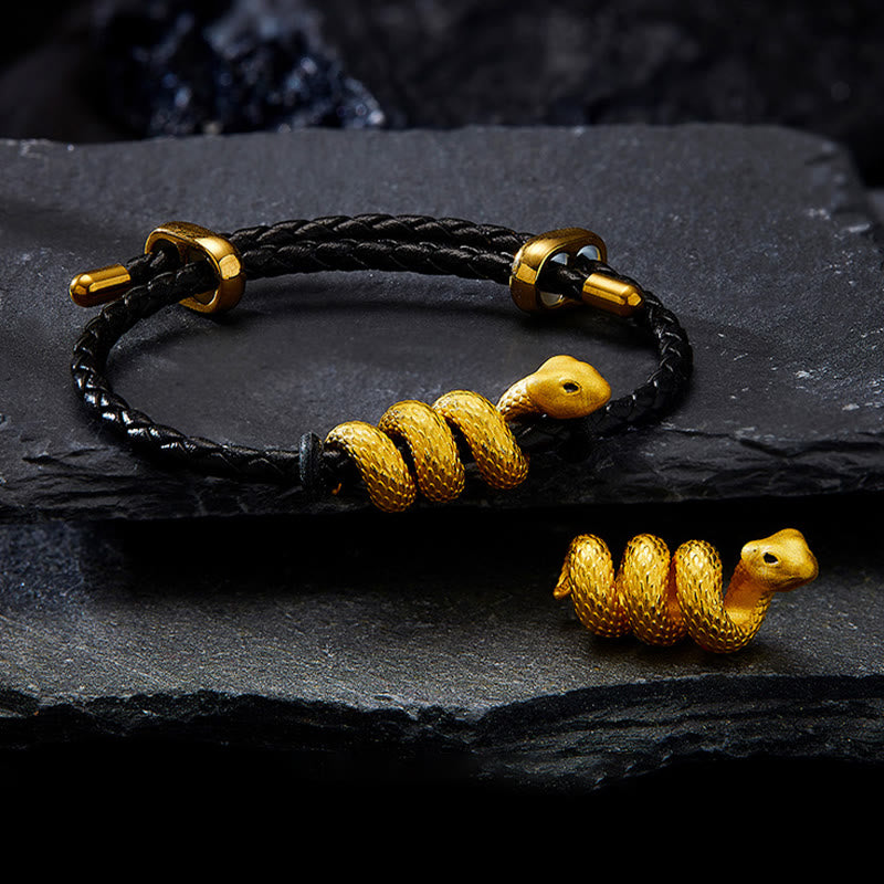 999 Gold Snake Double Buckle Leather Cord Black Rope Year Of The Snake Protection Bracelet