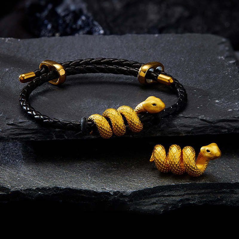 999 Gold Snake Double Buckle Leather Cord Black Rope Year Of The Snake Protection Bracelet