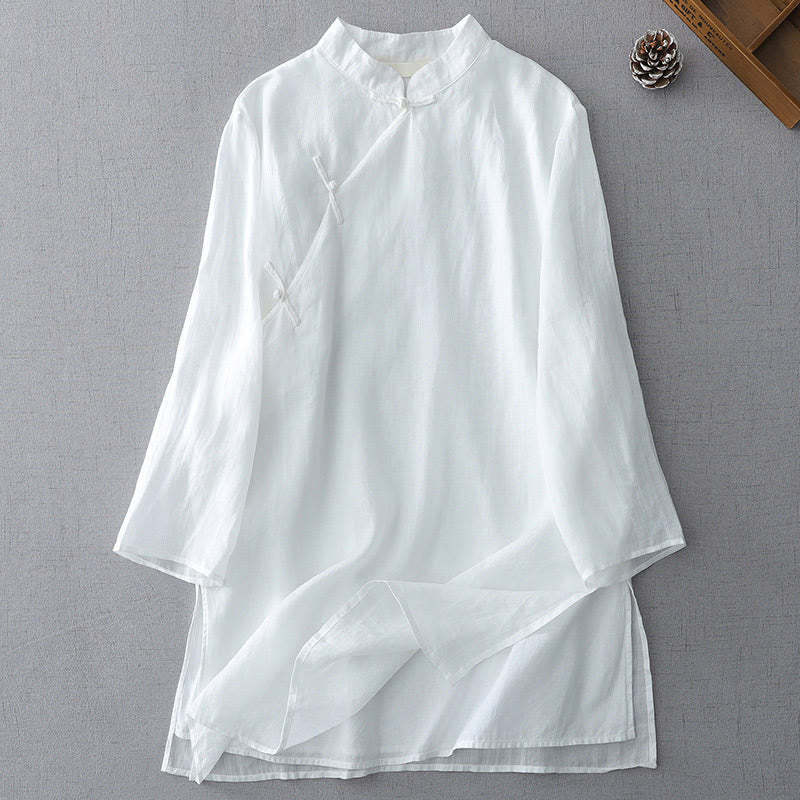 Solid Color Frog-Button Three Quarter Sleeve Double Layer Cotton Linen Shirt