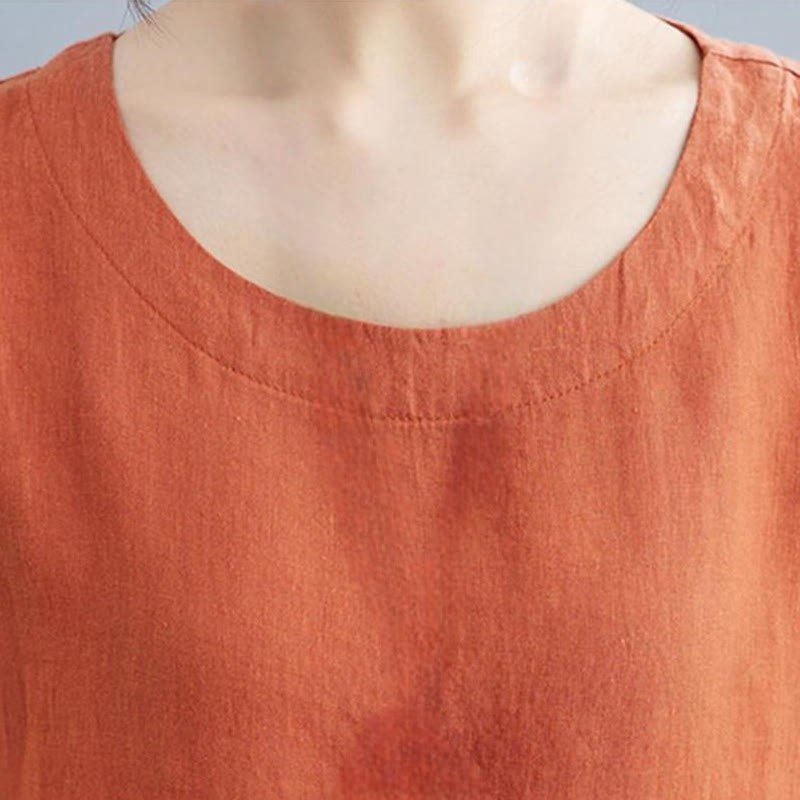 Casual Loose Solid Color Cotton Linen Crew Neck Half Sleeve Design Midi Dress With Pockets