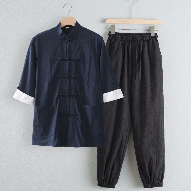 Tang Frog-Button Three Quarter Sleeve Shirt Pants Men's Suit