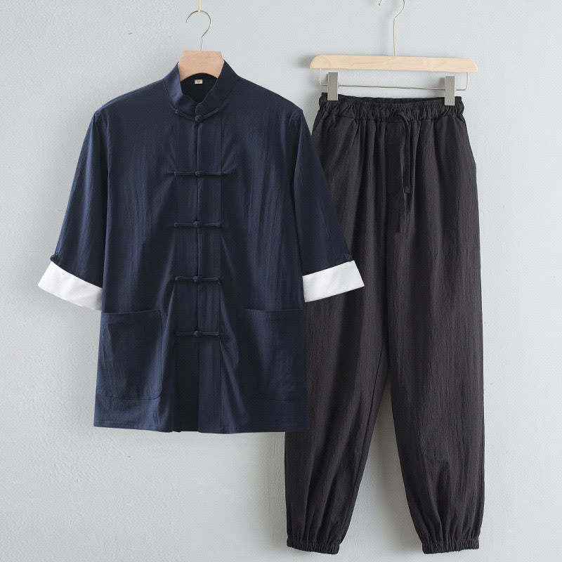Tang Frog-Button Three Quarter Sleeve Shirt Pants Men's Suit