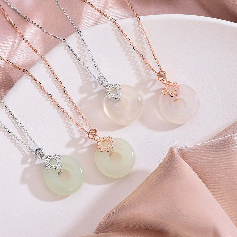 925 Sterling Silver Natural Hetian White Jade Chalcedony Coin Peace Buckle Luck Necklace Pendant