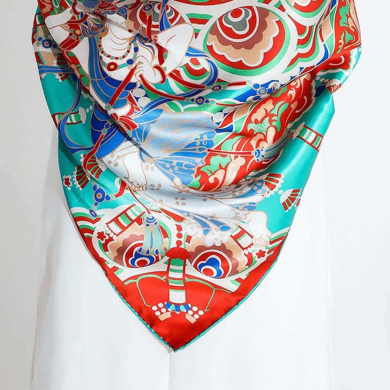 Dunhuang Musician Playing Frescoes 100% Mulberry Silk Scarf Premium Grade 6A Dunhuang Silk Shawl