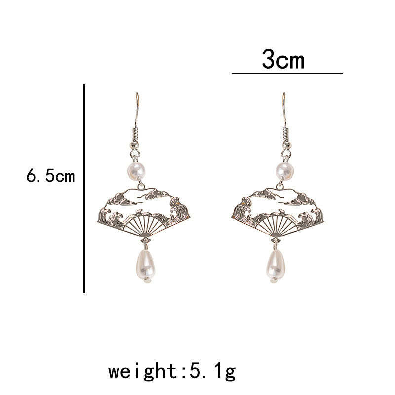 Copper Fan Auspicious Clouds Pearl Healing Drop Earrings