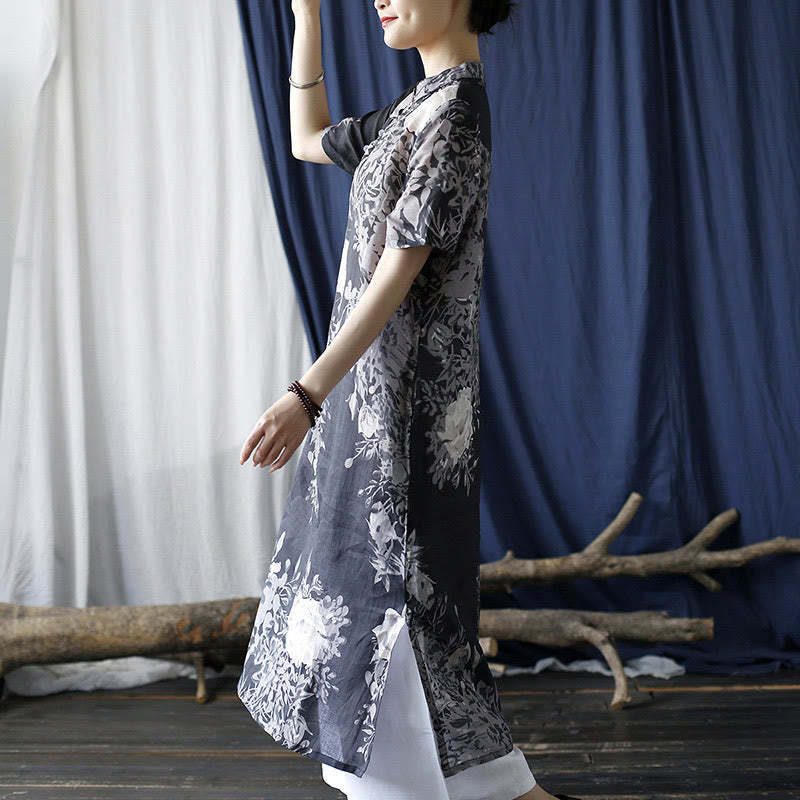 Ramie Linen Blue Flowers Leaves Cheongsam Dresses Short Sleeve Dress