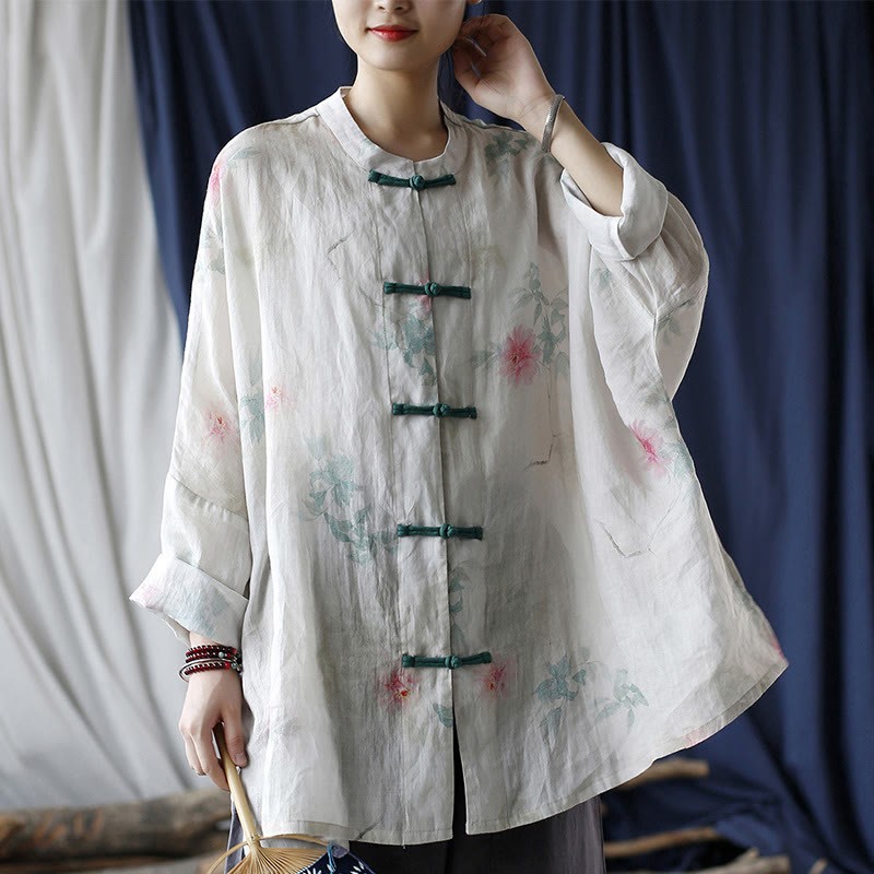 White Red Flowers Green Leaves Frog-Button Long Sleeve Ramie Linen Jacket Shirt