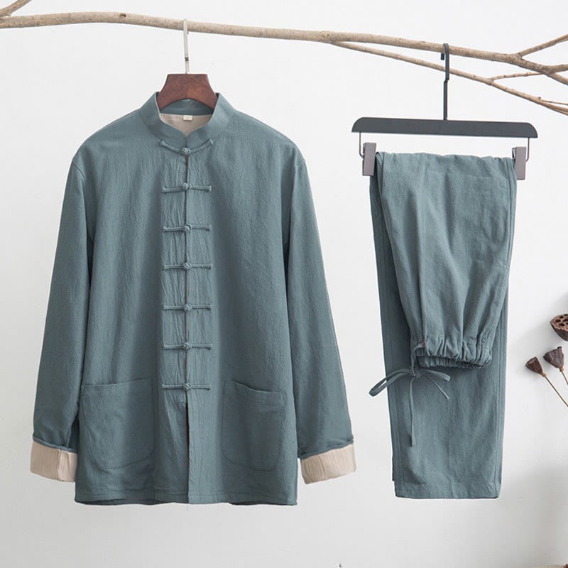 2Pcs Zen Tang Suit Men's Linen Frog-Button Long Sleeve Shirt Pants Set