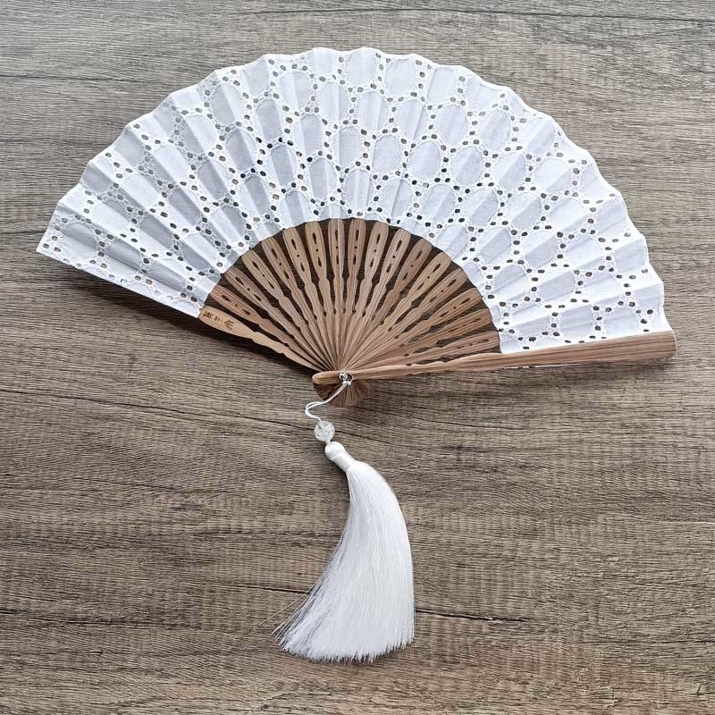 Solid Color Hollow Flowers Embroidery Cotton Fabric Handheld Bamboo Folding Fan