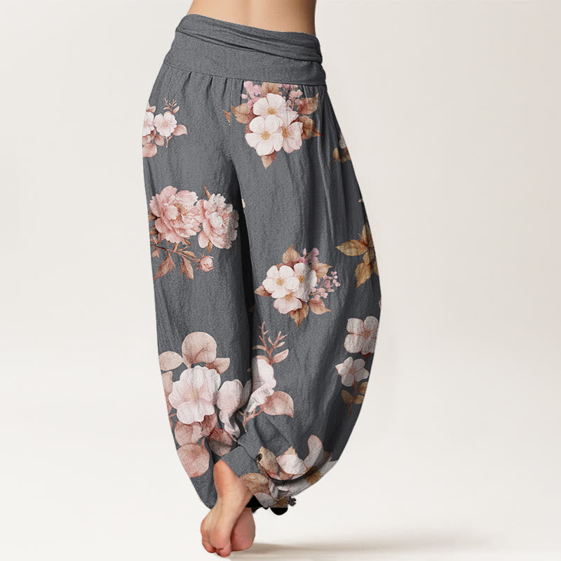 Peony White Flowers Pattern Design Women's Elastic Waist Harem Pants