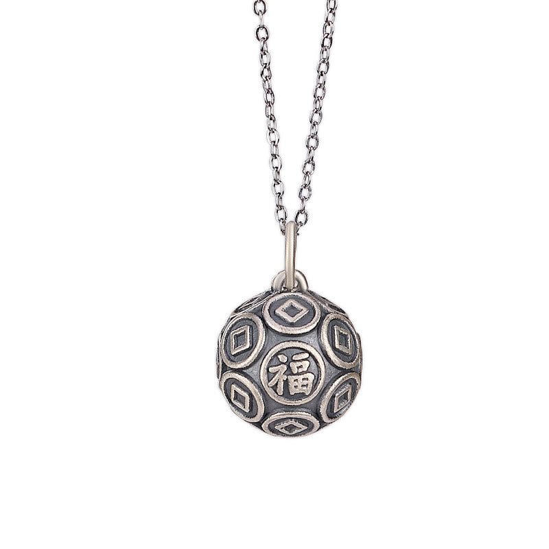 990 Sterling Silver Fu Character Copper Coin Luck Fortune Chain Necklace Pendant