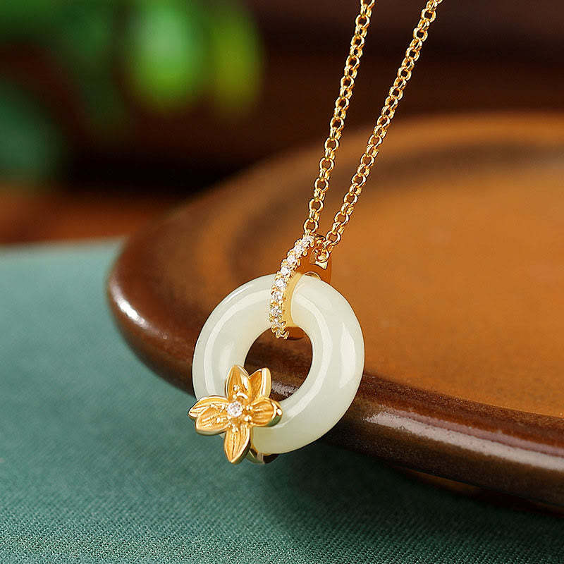 925 Sterling Silver Hetian Jade Peace Buckle Flower Luck Necklace Pendant