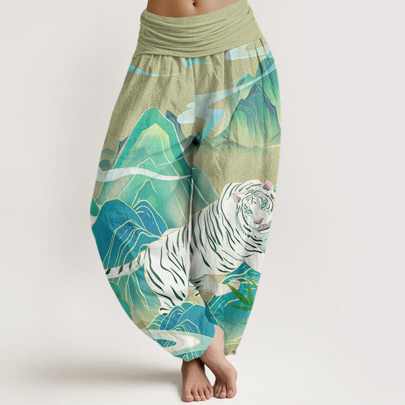 Casual White Tiger Mountain Waves Women's Elastic Waist Harem Pants