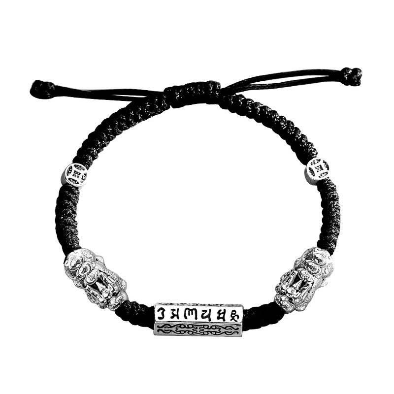 Double PiXiu Feng Shui Copper Coin Om Mani Padme Hum String Bracelet