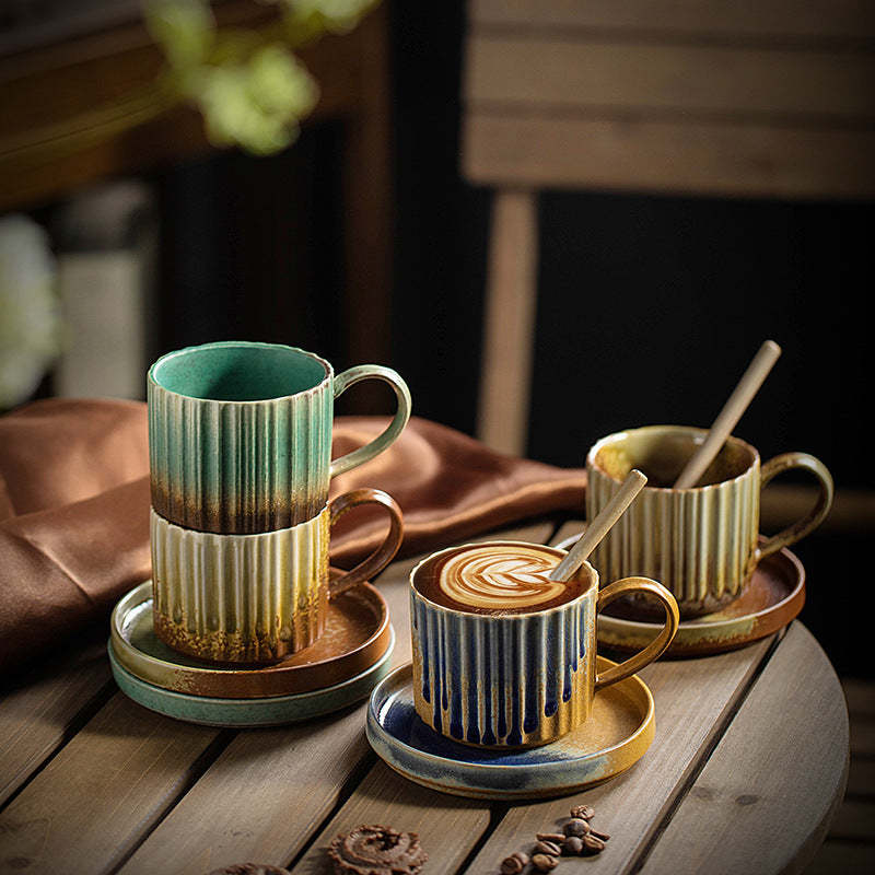 Retro Striped Kiln Change Ceramic Coffee Mug Rough Pottery Tea Coffee Cup With Saucer 250ml
