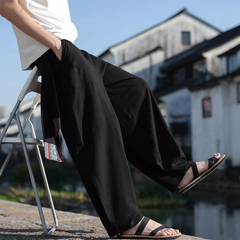 Simple Patchwork Design Drawstring Cotton Men's Wide Leg Pants With Pockets