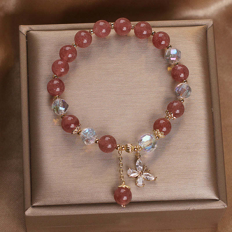 Natural Strawberry Quartz Love Healing Butterfly Charm Bracelet