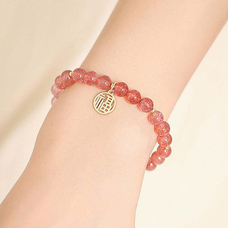 14K Gold Plated Strawberry Quartz Fu Character Healing Charm Bracelet