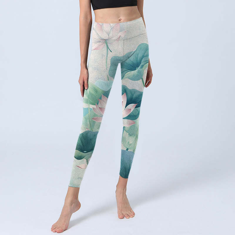 Blooming  White Pink Lotus Leaves Print Gym Leggings Women's Yoga Pants