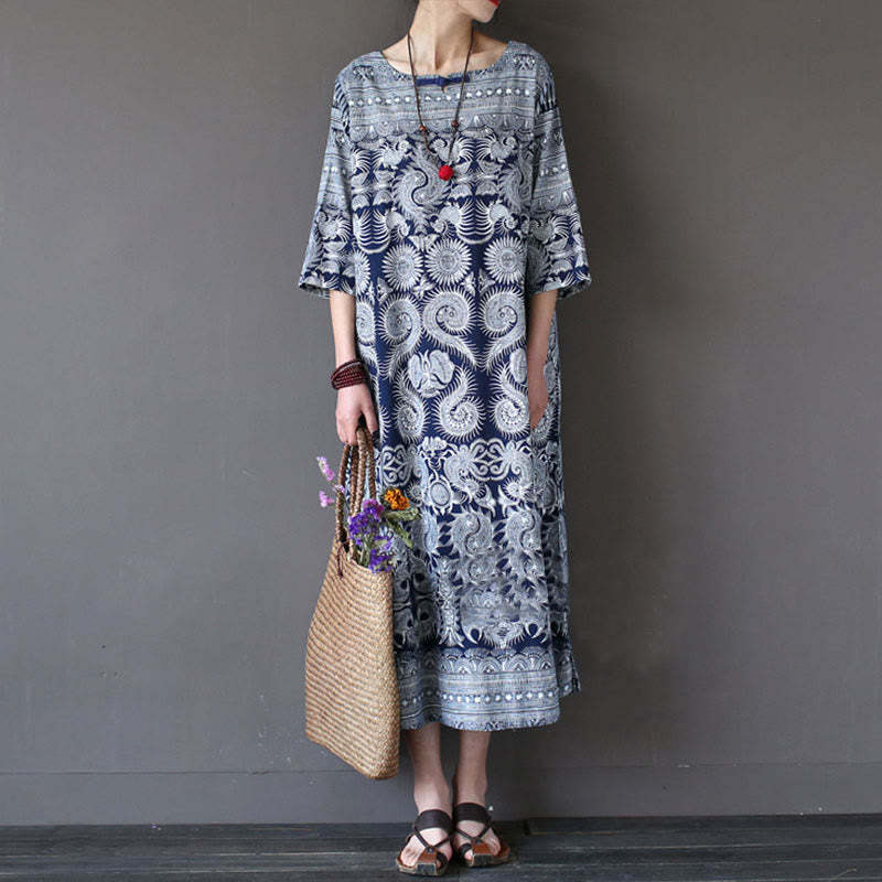 Blue White Flower Printed Button Midi Dress Three Quarter Sleeve Cotton Linen Dress With Pockets