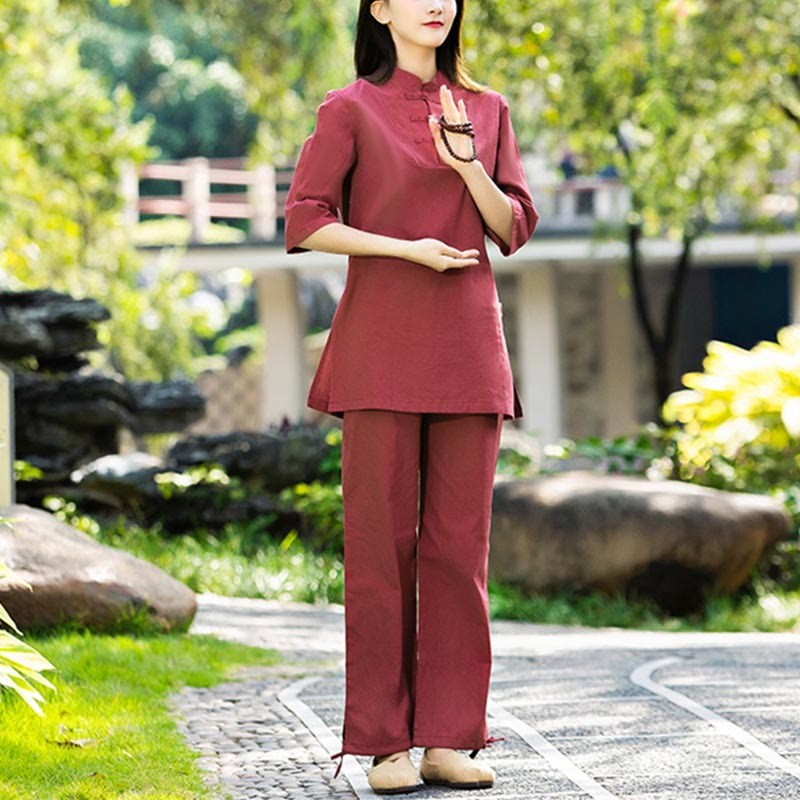 2Pcs Half Sleeve Shirt Top Pants Meditation Zen Tai Chi Cotton Linen Clothing Women's Set