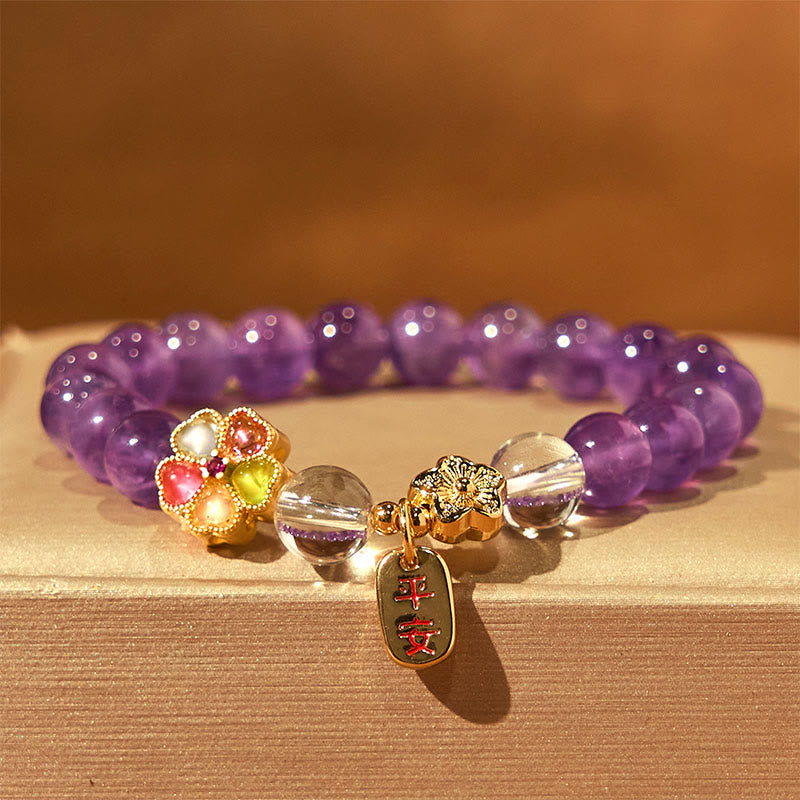 Natural Amethyst White Crystal Flower Healing Safe And Well Charm Bracelet