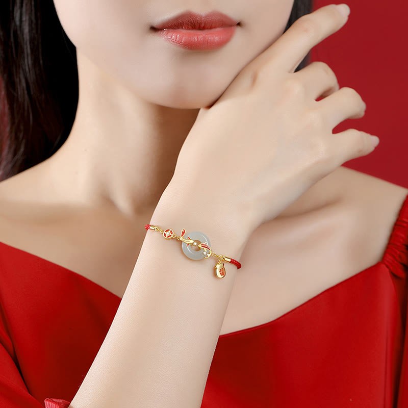 Natural Hetian Jade Red String 925 Sterling Silver Plated Gold Koi Fish Lucky Bag Fu Character Peace Buckle Luck Bracelet