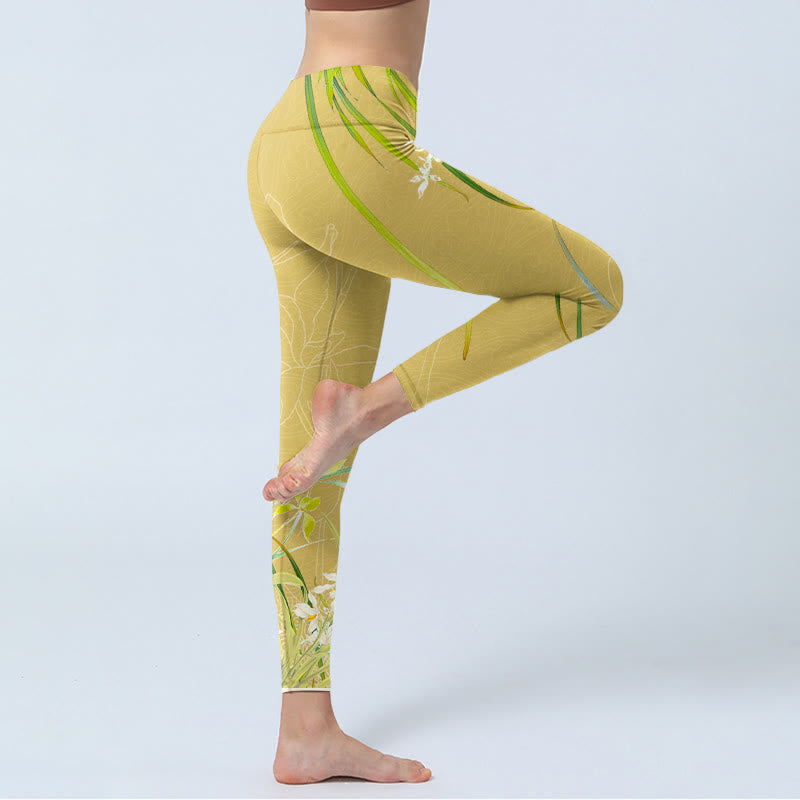 Yellow Orchid Flowers Weeping Leaves Print Gym Leggings Women's Yoga Pants