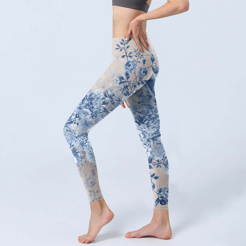 Rose Daisy Print Gym Leggings Women's Yoga Pants