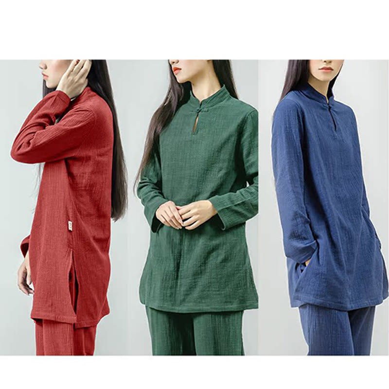 2Pcs Tang Suit Frog-Button Shirt Top Pants Meditation Zen Tai Chi Cotton Linen Clothing Women's Set