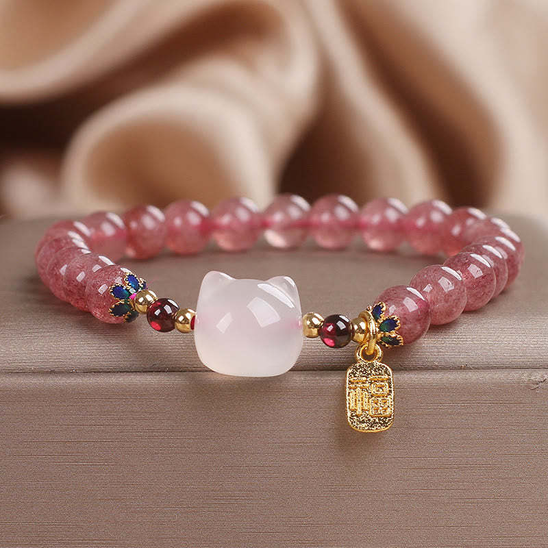 Love and Healing Strawberry Quartz White Jade Cat Fu Character Bracelet