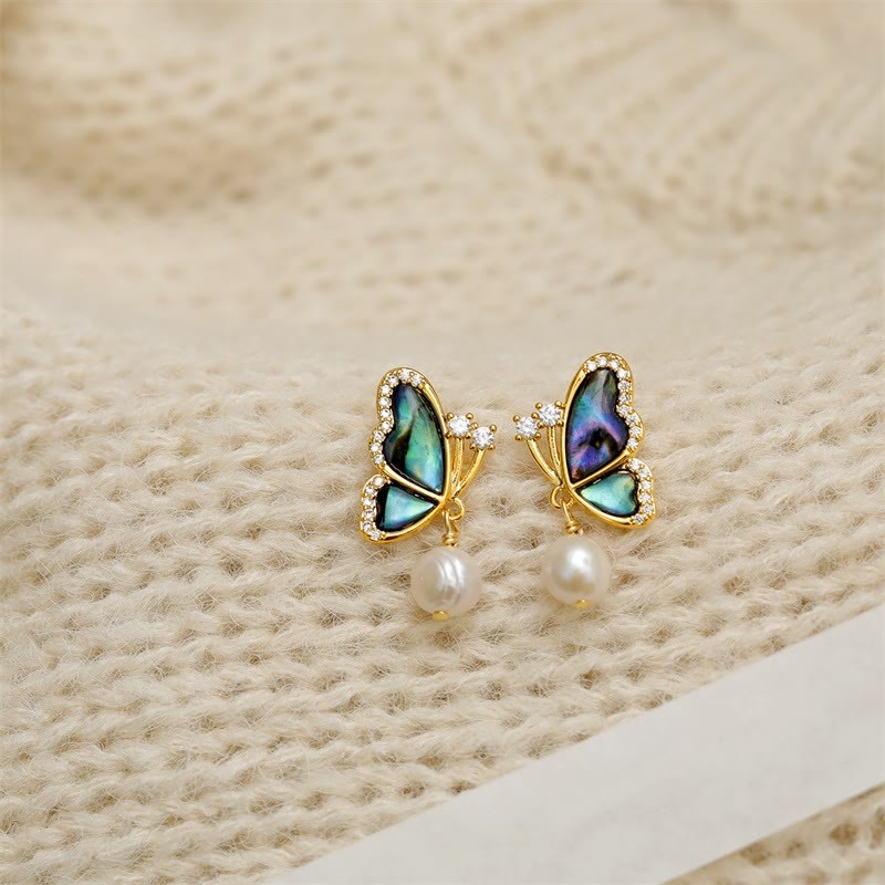 18K Gold Plated Copper Pearl Butterfly Love Stud Earrings
