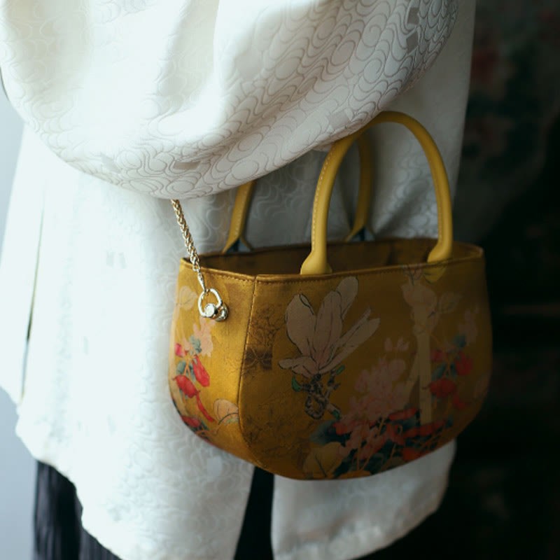 Vintage Flower Peony Metal Chain Zipper Handbag Crossbody Bag Shoulder Bag