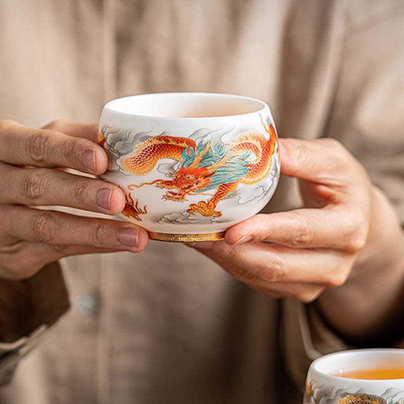 Dragon Phoenix Auspicious Clouds Ceramic Teacup Kung Fu Tea Cup With Gift Box