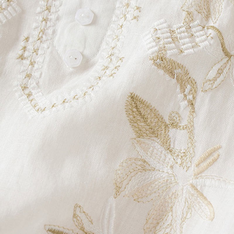 Casual Embroidery Plants Women's V-Neck Design Half Sleeve Cotton Blended Shirt