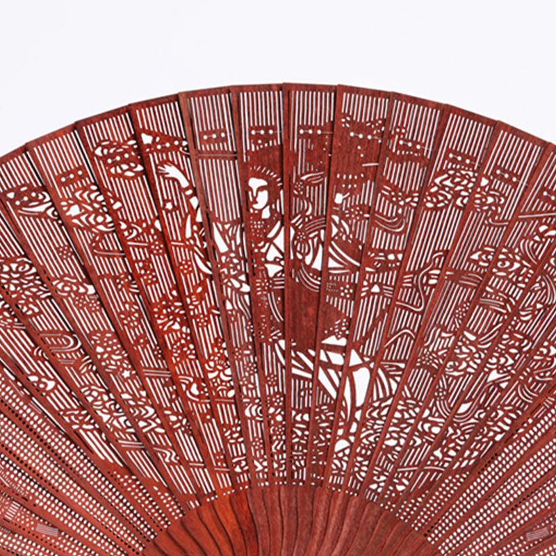 Crane Peacock Chang'e Moon Engraved Pattern Handheld Small Leaf Red Sandalwood Folding Fan
