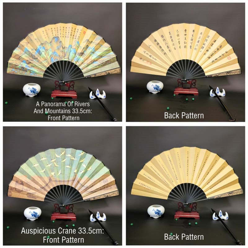 Great Wall Mountains Trees Crane Bamboo Handheld Bamboo Folding Fan 33.5cm