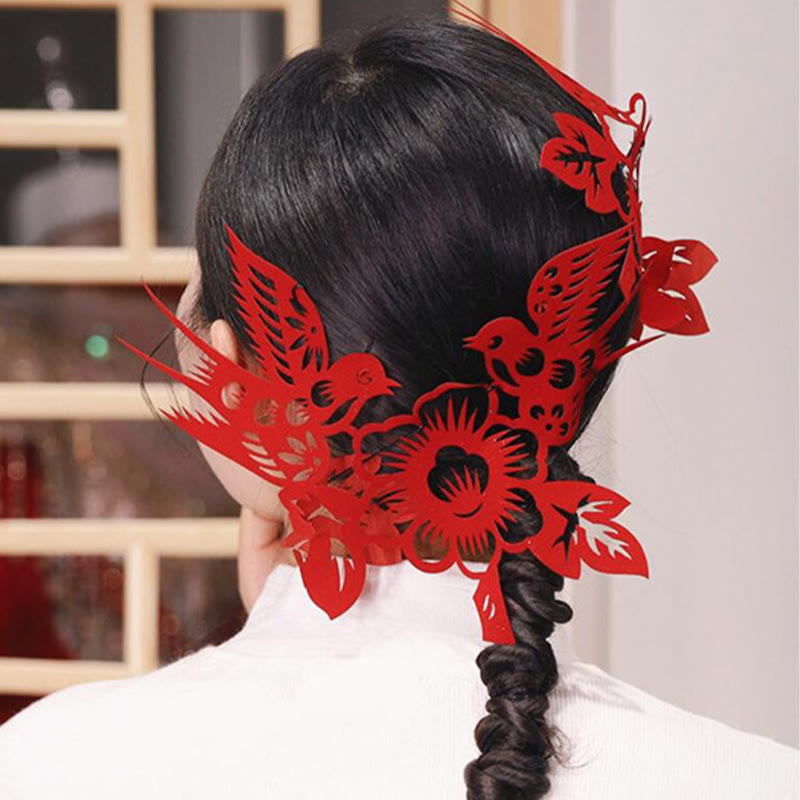 Classical Chinese Wedding Red Magpie Flower Paper Cutting Flocking Cloth Hair Clip
