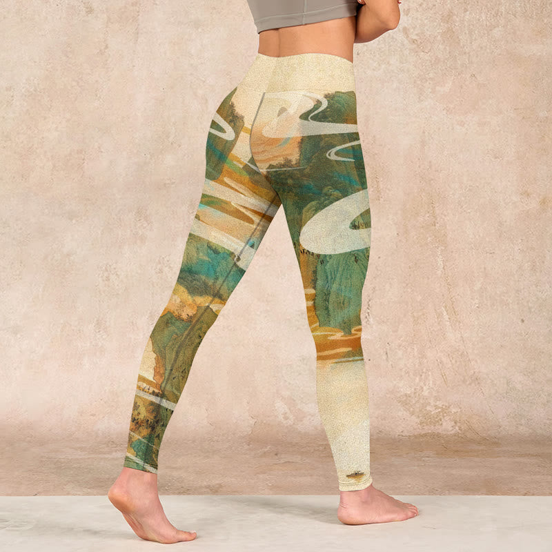 Green Mountains Clouds Mist Print Fitness Leggings Women's Yoga Pants