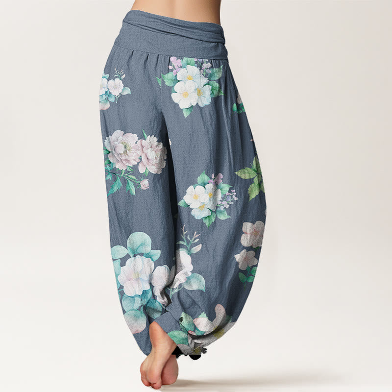 Peony White Flowers Pattern Design Women's Elastic Waist Harem Pants