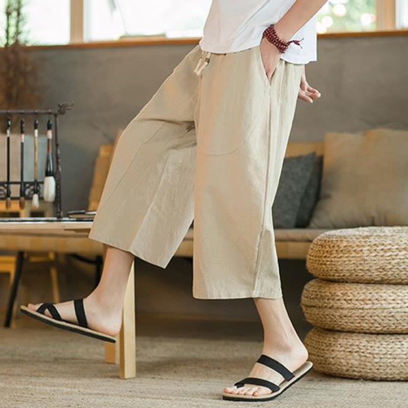 Solid Color Mid-length Linen Men's Wide Leg Pants With Pockets