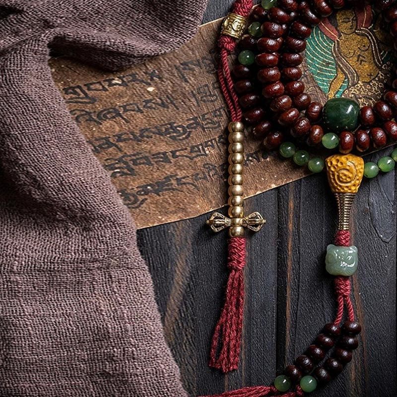 Natural Tibet 108 Mala Beads Purple Bodhi Seed Hetian Cyan Jade Copper Dorje Peace Bracelet